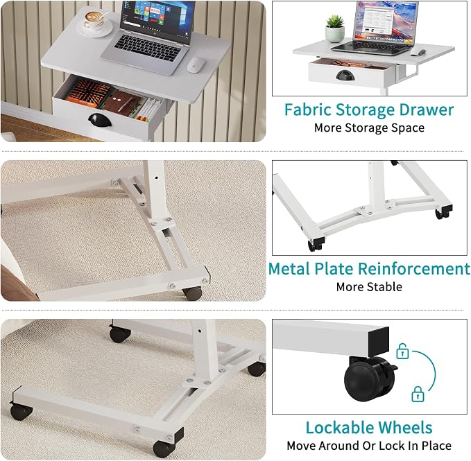 Rolling Adjustable Height Computer Desk With Drawers, Small Mobile Laptop Desk Cart On Wheels For Small Spaces Home Office, Portable Sitting Laptop Table For Bed Couch Load Up To 60LBS, Sturdy, White - Image 7