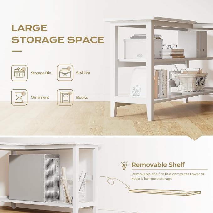 IOTXY Reversible L-Shaped Office Desk - 53" Modern Corner Computer Table with Storage Shelves, Solid Wood Legs, Home Writing & Study Workstation, White - Image 5