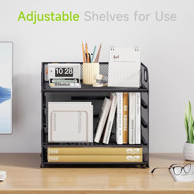 Cawukege 5 Tier Paper Organizer with Handle, Grey Metal Mesh Desk Organizer File Folder Paper Letter Tray Desktop Document Sorter for Classroom, School, Office Accessories Organization and Storage - Image 2