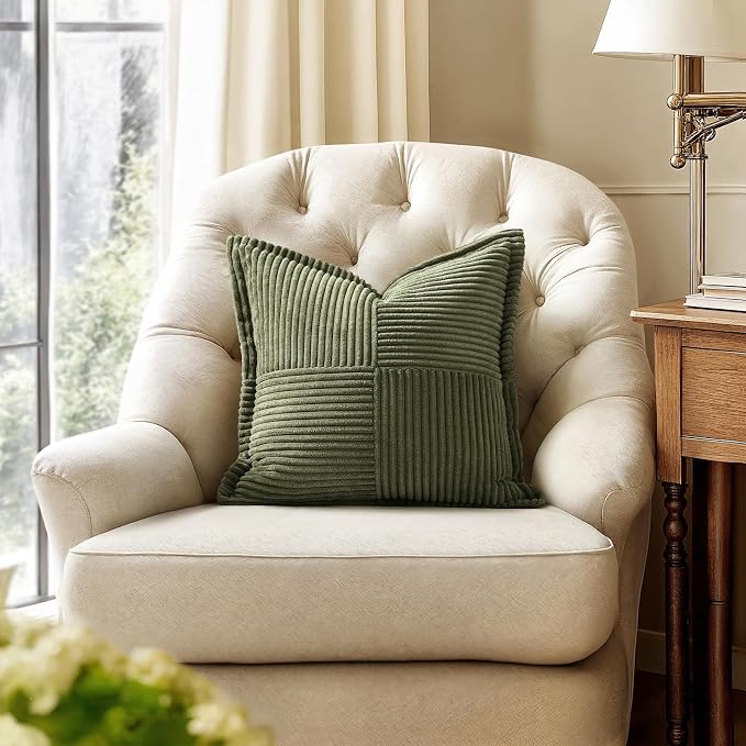 MIULEE Olive Green Corduroy Decorative Euro Sham Pillow Covers 24x24 Inch with Splicing Set of 2 Soft Boho Pillow Covers Broadside Textured Summer Pillowcases for Couch Bed Livingroom - Image 4