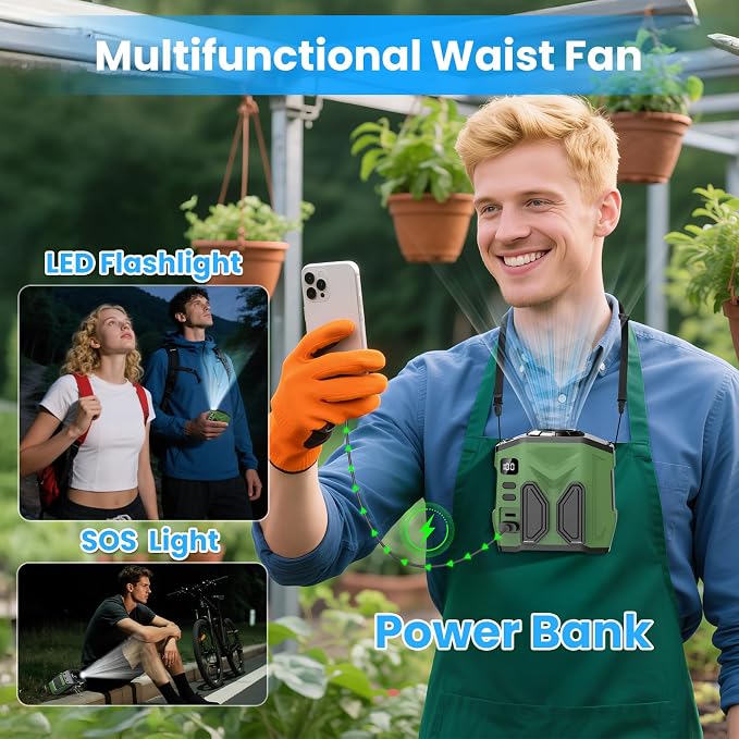 Portable Personal Waist Fan Rechargeable, 10000mAh 5 Speeds 13500RPM Strong Airflow, LED Light & 30H Runtime, Hands-Free Shirt/Belt/Neck Clip on Fan for Camping, Work, Outdoor, Travel - Image 5