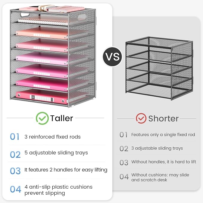 Lavatino 2 Pack 8-Tier Office Desk File Organizer, Letter Tray Paper Organizer with Handle, Including 5 Adjustable Slide Trays for Organizing Desk Workspace Accessories and Supplies (Silver Mesh) - Image 5