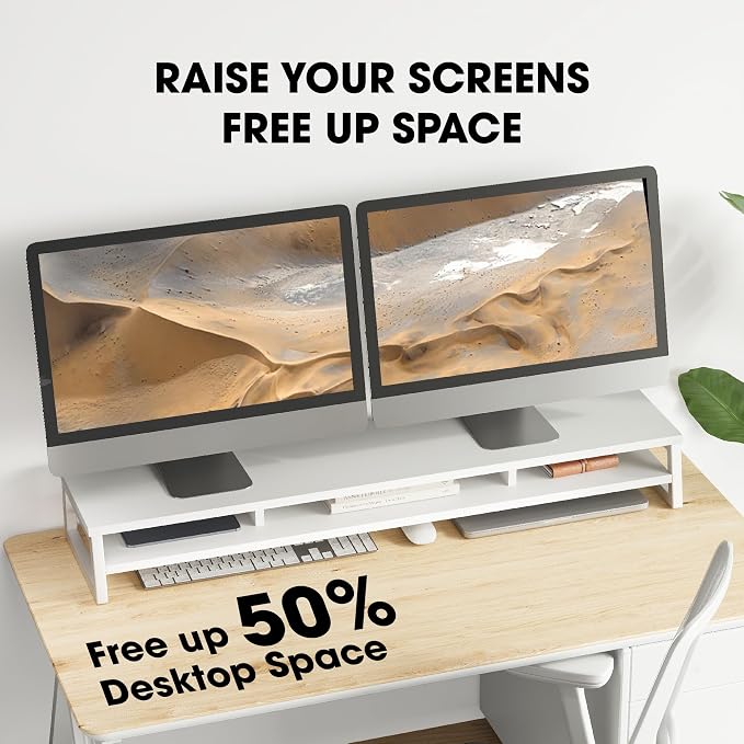 Fenge Dual Monitor Stand for Desk, 42.5in Large Monitor Riser for 2 Monitors, 2 Tier Computer Office Desk Top Shelf, Desktop Storage Stand for Laptop, PC, Computer, Printer - Image 4