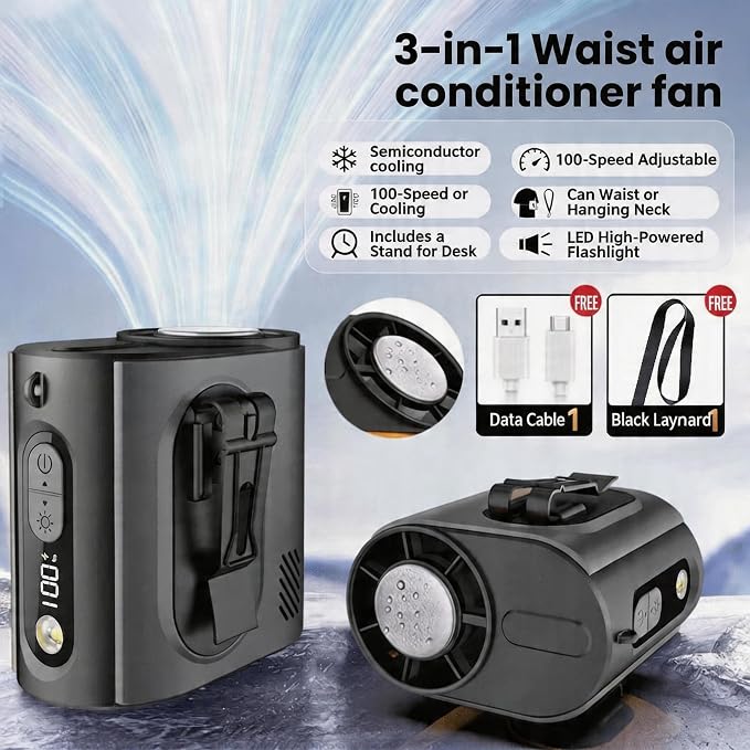 2026 AI Wearable Waist/Neck Hanging Fan,with Ice Cooler & Flashlight,10000mAh Rechargeable Clip On Belt Cooling Fan, 100-Speed 16000RPM Personal Body Fan,25H Work Time for Outdoor, Jobsite,Camping - Image 5