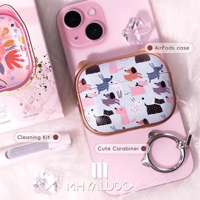 for AirPods Pro 2 Case with Cleaning Kit, Cute Cat Ear Print Design & Cute Buckle for Girls, Phone Holder & Top Safe Lock Buckle Design for AirPods Pro 2nd/1st Gen case, Rose Gold Animal - Image 7