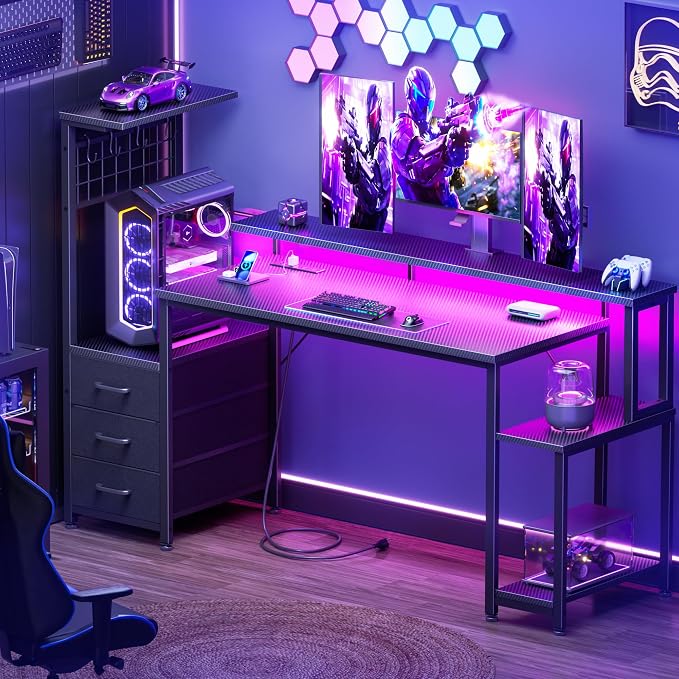 Korfile 55 Inch Gaming Desk with Bluetooth LED Lights & Power Outlets,Computer Desk with Fabric Drawers & Hooks,Reversible Gamer Table with Monitor Stand for Game Room,Home Office,Carbon Fiber Black | Reversible，Computer Desk, Gamer Table, Bluetooth LE... - Image 2