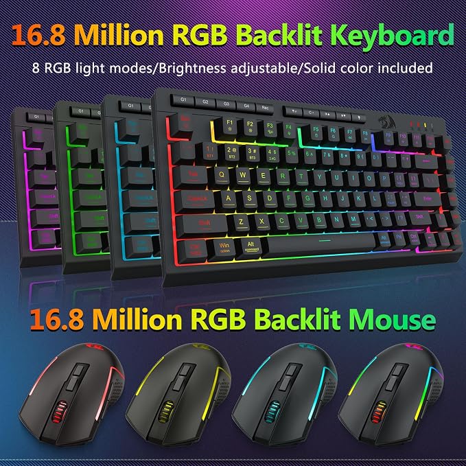 Redragon Wireless Gaming Keyboard and Mouse Combo, 75% Portable, Black | Bluetooth/2.4G/USB-C Wired, RGB Backlit, Quiet Rechargeable Macro Membrane Keyboard & 12800 DPI Mouse for Win/MAC - Image 7