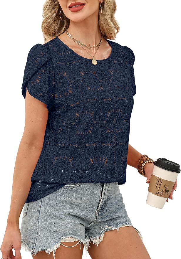 OFEEFAN Blouses for Women Dressy Casual Petal Short Sleeve Shirts Crochet Lace Boho Tops Spring Fashion Summer Outfits - Image 4