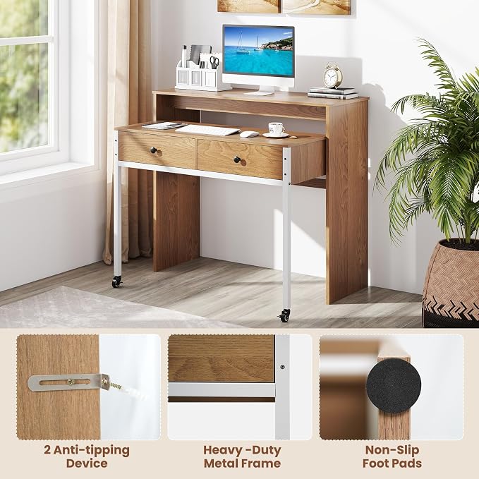 Giantex Small Computer Desk with Hutch & Drawers, Extendable Writing Desk w/Pull Out Secondary Table, Monitor Stand & Rolling Wheels, Console Table, Compact Desk for Small Spaces (Natural) - Image 9