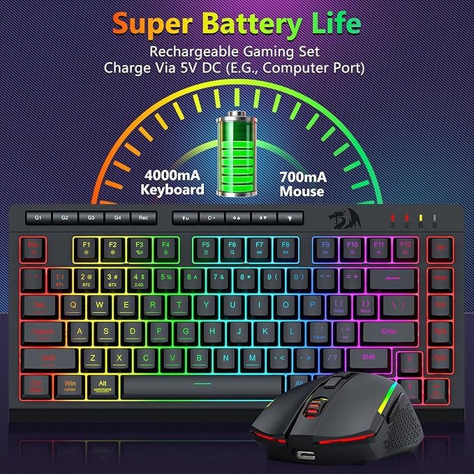 Redragon Wireless Gaming Keyboard and Mouse Combo, 75% Portable, Black | Bluetooth/2.4G/USB-C Wired, RGB Backlit, Quiet Rechargeable Macro Membrane Keyboard & 12800 DPI Mouse for Win/MAC - Image 6