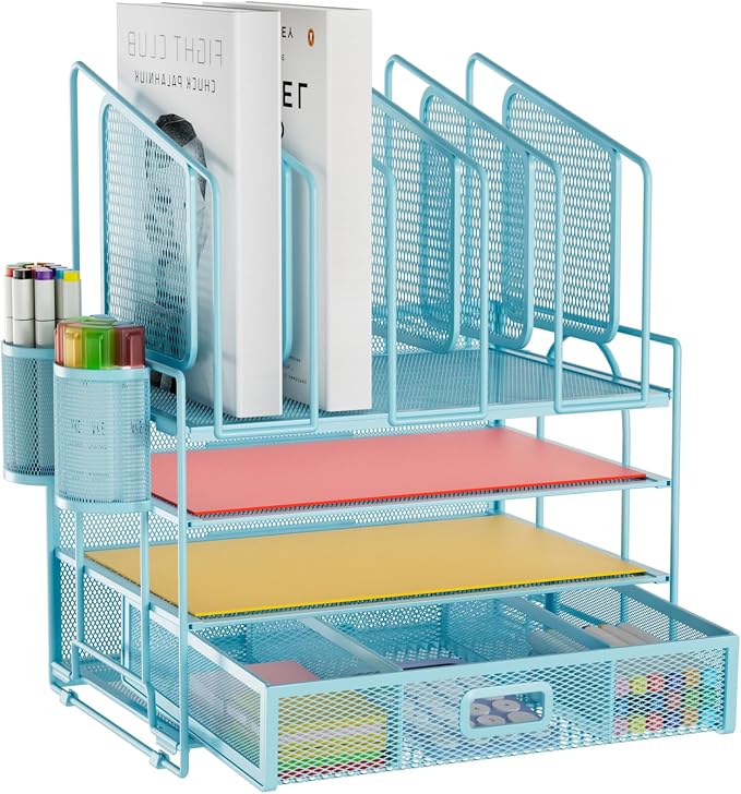 Marbrasse Desk Organizers, 4-Tier Mesh Desk File Organizer with 5 Vertical File Holders and 2 Pen Holders, Multifunction Desktop Organizer,Desk Organizers and Accessories for Home Office (Blue) by Marbrasse
