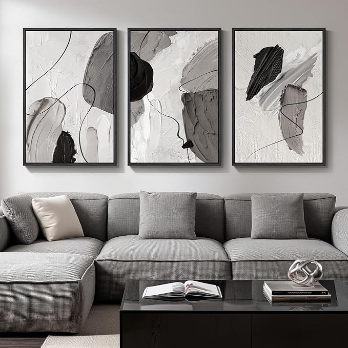 Large Framed Modern Abstract Wall Art for Living Room, 3 Piece Black White Gray Canvas Prints Paintings Artwork for Walls, Minimalist Abstract Pictures for Hallway, Stair, Office Wall Decor 24x36 In by Cuspin