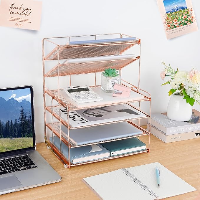 OPNICE Desk Organizers and Accessories, 6-Tier Letter Tray Paper Organizer, Desktop File Organizer, Office Desk Accessories for Office Supplies (Rose Gold) - Image 5