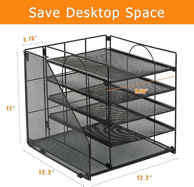 LEKETREE Desk Organizers and Accessories, 5-Tier Paper Letter Tray Organizer with File Holder, Desktop Organizer for Office Supplies (Black) - Image 4