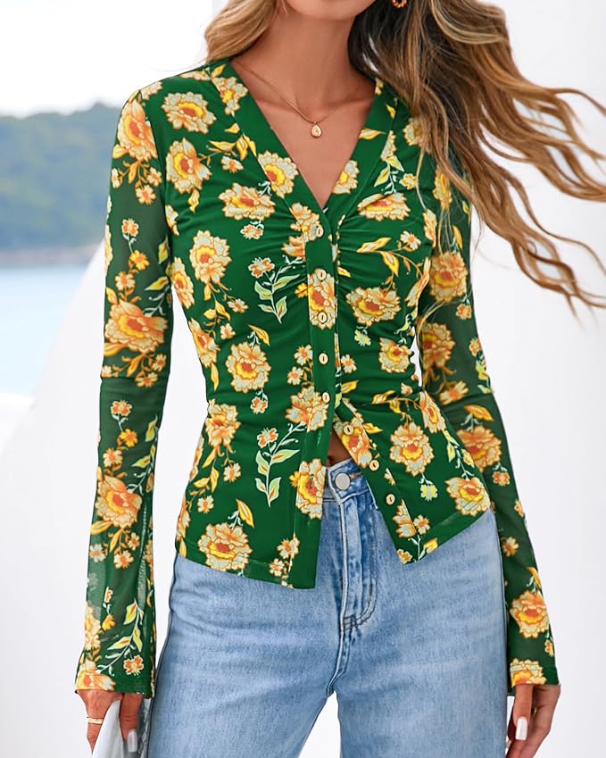 BTFBM Button Down Shirts for Women 2026 Fall Boho Tops V Neck Long Sleeve Blouses Ruched Mesh Fitted Fashion Clothing - Image 4