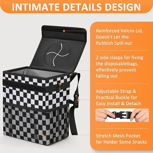 Vankor Car Trash Can Bin with Lid Hanging for Back Seat, Car Accessories for Women Men Leak Proof Automotive Garbage Cans Leakproof Vehicle Trash Can for Truck SUV,Black White Checkered - Image 4