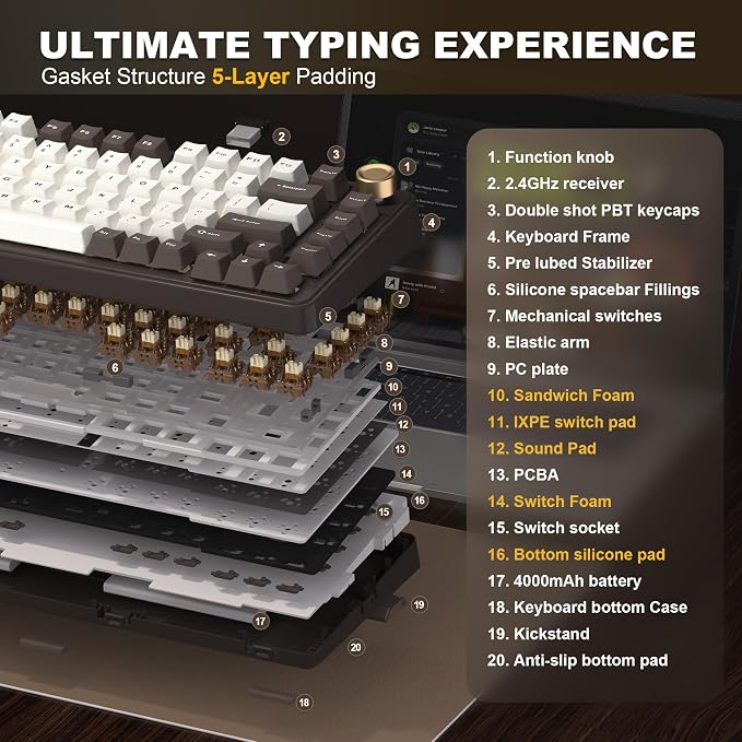 YUNZII B75 PRO 75% Wireless Mechanical Keyboard (Coffee Brown, Cocoa V2) | Hot Swap Keyboard with Knob, Gasket Mount, Creamy Pre-lubed Switch for Smooth Typing, BT/USB-C/2.4G, for Gaming - Image 4
