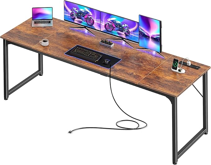 PRAISUN 80 X 24 Inch Computer Desk, Power Outlets, USB-C, Rustic Brown | Office Desk with 4 AC Outlets, USB & USB-C, Sturdy Metal Frame, Spacious Desktop for Work, Writing, Study & Gaming by PRAISUN