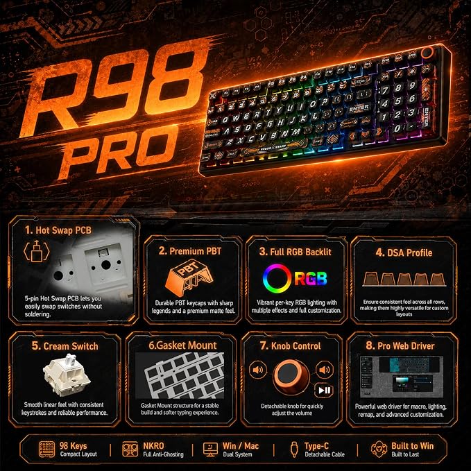 RK ROYAL KLUDGE R98 Pro Wired Mechanical Keyboard, RGB PC Gaming Keyboard with Number Pad and Volume Knob, dye Sublimation DSA Profile Pudding Keycaps, for Win/Mac, Hot Swappable Linear Cream Switch - Image 2