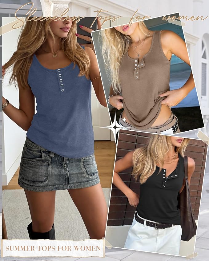 Ficerd 3 Pack Women's Henley Tank Tops Sleeveless Button Down Summer Shirts 2026 Casual Trendy Loose U Neck Tee Blouses - Image 2