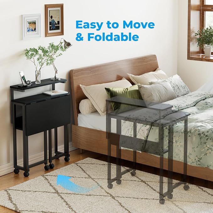 GreenForest Folding Desk with Adjustable Monitor Stand, 24.8 in Small Desk | Storage Shelf, Lockable Wheels, Portable, Space Saving, Mobile Rolling Table for Small Spaces, Home Office, Writing, Black - Image 7
