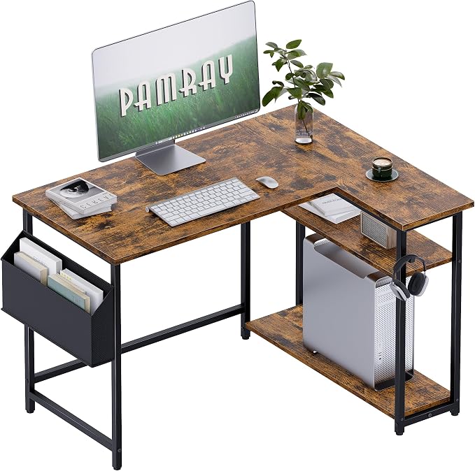 Pamray 40 Inch L Shaped Computer Desk with Reversible Side Storage Shelves, Small Corner Desk for Small Space Home Office, Writing Study Table PC Desk for Bedroom, Vintage by PAMRAY