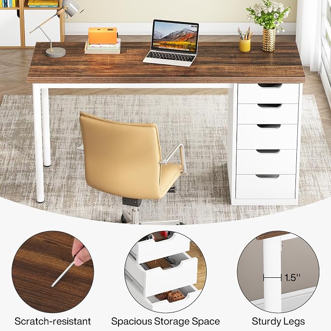 Tribesigns Computer Desk with 5 Drawers, 47 inches Rustic Brown Home Office Desk with Storage, Modern Simple Laptop Desk Study Writing Table for Small Spaces (1, Brown+White) - Image 8