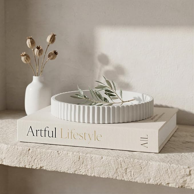 Decorative Concrete Tray & Book Decor Set - Scalloped Tray & Linen Box Enhance Your Coffee Table or Bookshelf Decor - Stylish Home Decoration for Your Living or Dining Room & as a Housewarming Gift by ZICOTO