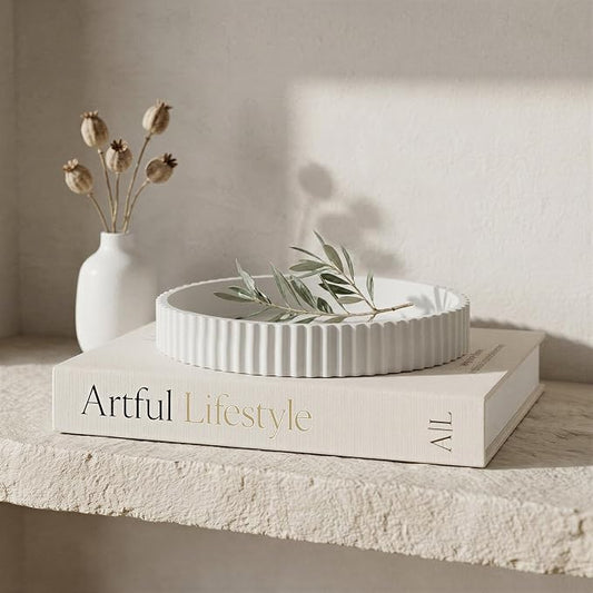 Decorative Concrete Tray & Book Decor Set - Scalloped Tray & Linen Box Enhance Your Coffee Table or Bookshelf Decor - Stylish Home Decoration for Your Living or Dining Room & as a Housewarming Gift by ZICOTO