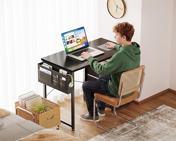 AODK 32 Inch Small Computer Desk with Fabric Drawers, Black | Mini Desk with Storage Shelf & Bag, Kids Study Desk for Bedroom, Home Office Desk for Small Space - Image 5