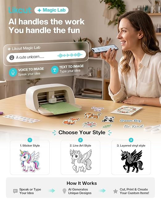 Likcut Vinyl Cutter Machine S501 - AI Smart Sticker Maker for Vinyl & Paper Crafts, AI Image Generation Portable Plotter DIY Cutting Machine for Craft & Party, Custom Stickers, Crafts for Adults - Image 3