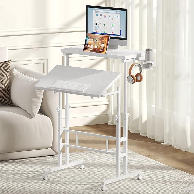 DUMOS Rolling Standing Desk, Sit Stand Desk, Computer Cart | Manual Height Adjustable, Split Top Mobile, Laptop Workstation, Portable Home Office, Walking Pad Study Surface, White by DumosLifestyle