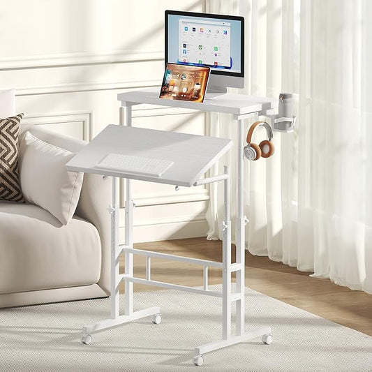 DUMOS Rolling Standing Desk, Sit Stand Desk, Computer Cart | Manual Height Adjustable, Split Top Mobile, Laptop Workstation, Portable Home Office, Walking Pad Study Surface, White by DumosLifestyle