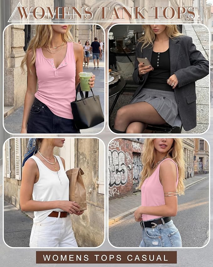 Ficerd 3 Pack Women's Henley Tank Tops Sleeveless Button Down Summer Shirts 2026 Casual Trendy Loose U Neck Tee Blouses - Image 2
