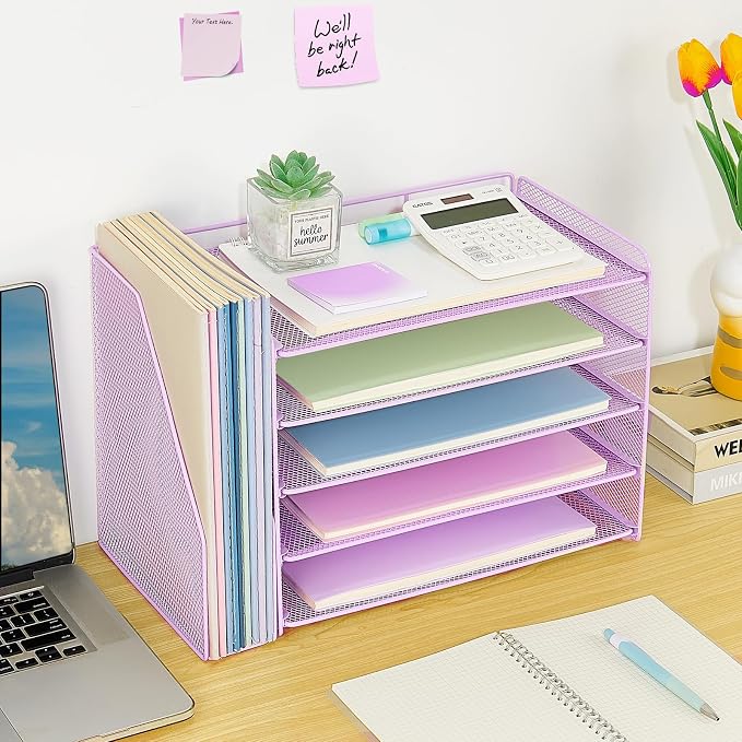 OPNICE Desk Organizer, 5-Tier Paper Organizer Letter Tray with Magazine Holder, Office Desk Accessories & Workspace Organizers, Desktop File Organizer for Office Supplies Storage, Purple - Image 4