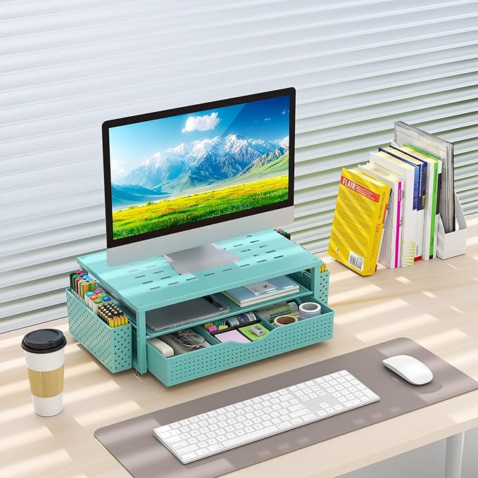 gianotter Desk Organizers and Accessories, Monitor Stand with Drawer and 2 Pen Holder, Desktop Organizer Suitable for Offices and Dormitories (Blue) - Image 7