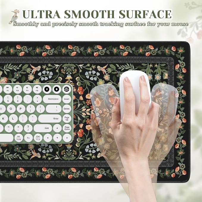 iCasso Aesthetic Mouse Pad,23.6x13.7in Desk Pad, Black Flower | Vintage Desk Matt for Desktop, Anti-Slip Mousepad with Stitched Edges for Laptop Computer Keyboard - Image 3