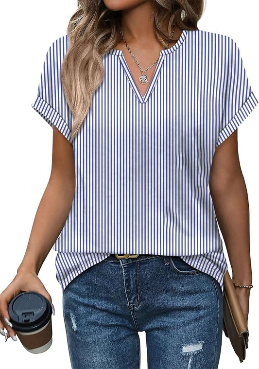 Womens Tops Dressy Casual V Neck Rolled Sleeve T Shirts Fashion Clothing Business Casual Outfits Beach Vacation Clothes by XIEERDUOFASHION