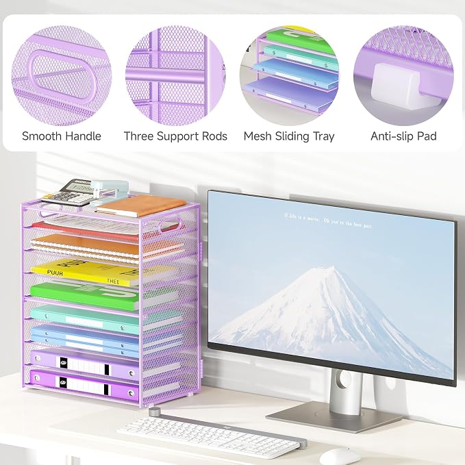 Cawukege 9 Tier Paper Organizer with Handle, 2 Pack Large Capacity Desk Organizer Mesh Paper Letter Tray File Folder Document Sorter for Classroom and Office Accessories Organization- Purple - Image 4