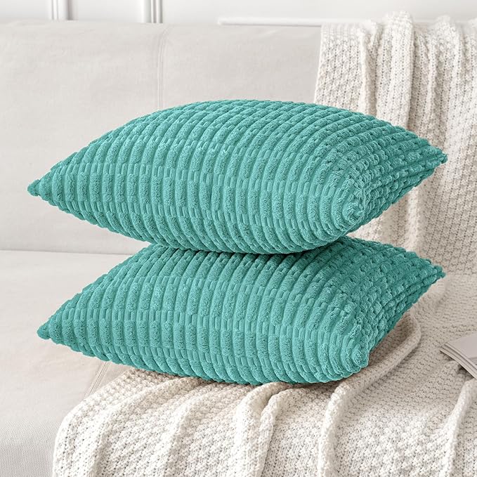 MIULEE Pack of 2 Corduroy Decorative Throw Pillow Covers 18x18 Inch Soft Boho Striped Pillow Covers Modern Farmhouse Home Decor for Summer Sofa Living Room Couch Bed Aqua Green - Image 3
