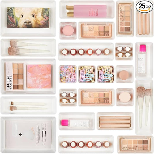 Vtopmart 25 PCS Plastic Drawer Organizers Set, 4-Size Versatile Bathroom and Vanity Drawer Organizer Trays, Storage Bins for Makeup, Bedroom, Kitchen Gadgets Utensils and Office | 4-Size Versatile Makeup Organizer, Storage Containers Small Bins for Mak... by Vtopmart