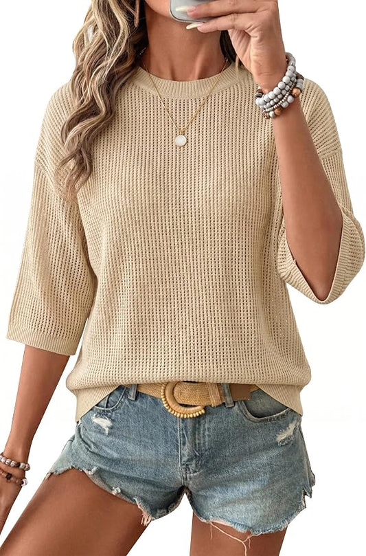 Arach&Cloz Womens Summer 100% Cotton Oversized Crochet Tops 3/4 Length Sleeve Sweater Hollow Out Casual Blouses 2026 by ArachClozFocusonQuality