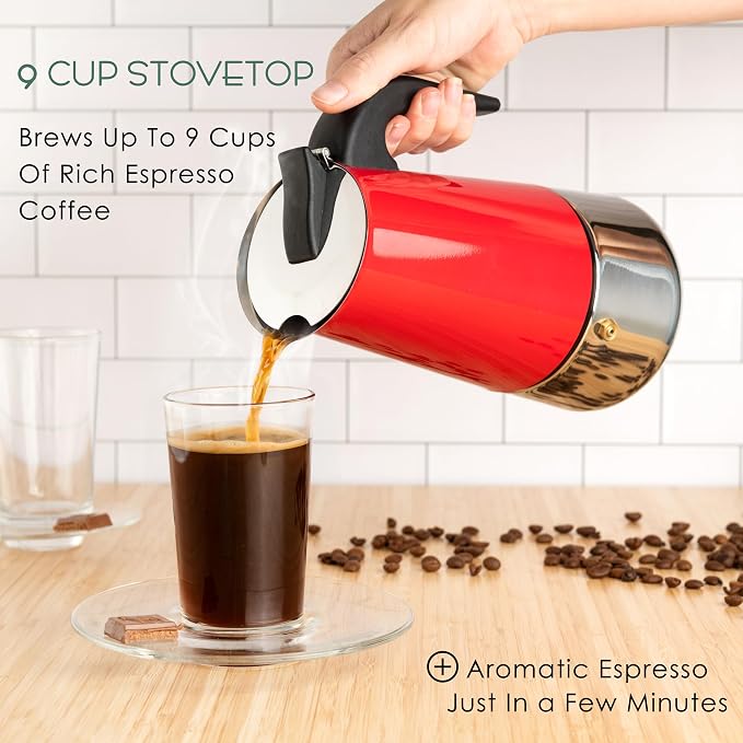 Mixpresso 9 Cup Greca Moka Pot Red Stainless Steel Stovetop Espresso Maker | 450ml/15oz Italian stovetop coffee maker with classic percolator design, ideal for preparing coffee at home or while camping - Image 3