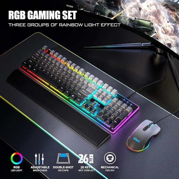 RedThunder K10 Wired Gaming Keyboard, Mouse Wrist Rest Combo, RGB Backlit, Mechanical Feel Anti-ghosting Keyboard + 7D 7200 DPI Mice+Soft Leather Wrist Rest 3 in 1 PC Gamer Accessories(Gradient Gray) - Image 2