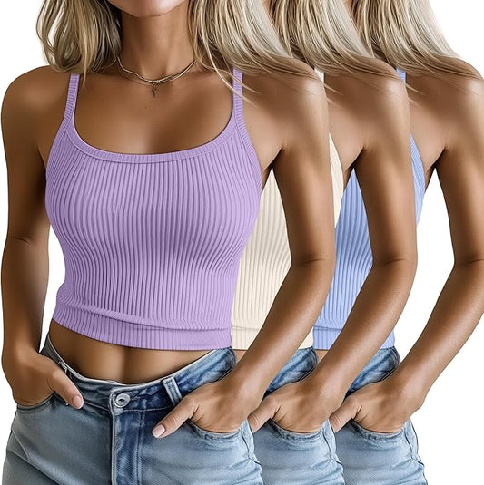 Ficerd 3 Pack Women's Tank Tops 95% Cotton Spaghetti Strap Ribbed Crop Camisole Slim Fitted Basic Summer Sleeveless Layer by Ficerd