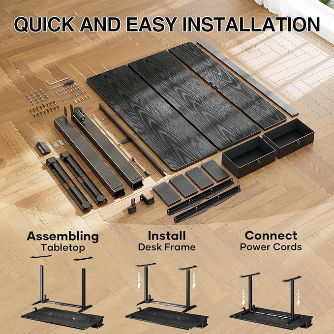 Veken 55x26 in Electric Standing Desk with Drawers, Adjustable Table, Black | Stand up Computer Desk for Home Office, Work & Study, with Storage, 3 Memory Presets, Cable Organizer, Hook, and Quiet Lift. - Image 8