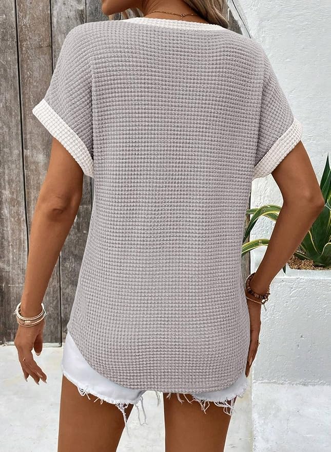 Dokotoo Womens Waffle Knit Tops 2026 Spring Summer V Neck Shirts Casual Trendy Women's Blouses Basic Tee - Image 4