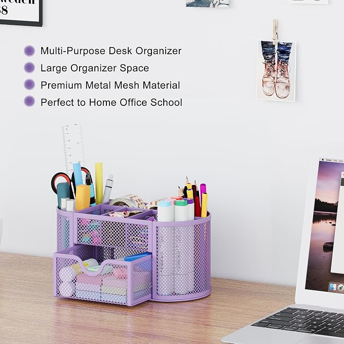 EasyPAG Mesh Pen Holder Desk Organizer with Drawer Stationery Supplies Organizer for Dorm School 9 Compartments Workspace Desk Accessories Organization for Office (Light Purple) - Image 2