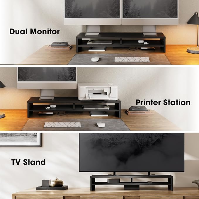 Fenge 31.5 Inch Dual Monitor Stand Riser for Desk, Black | Wooden Desk Shelf, 2-Tier Open Storage Compartment, for PC Laptop Screen Printer, Home Office Desktop Organizer - Image 6