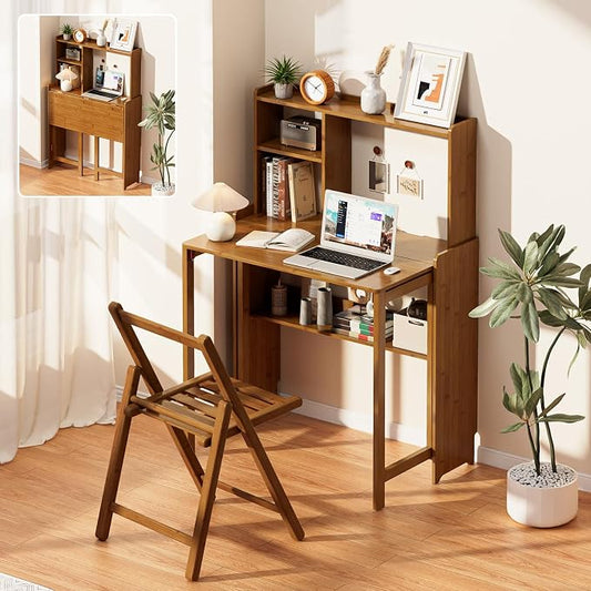 Folding Desk with Bookshelf, Compact Foldable Desk for Small Spaces,Brown | Bamboo Computer Desk with Storage Shelf, Space-Saving Home Office Desk with Hutch for Bedroom, Dorm, Apartment by Usofhaus
